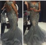 Mermaid Silver Party Prom Gowns Backless Evening Dresses B2018