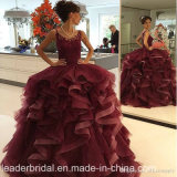 Wine Lace Quinceanera Ball Gowns Ruffles Organza Prom Dress E1789