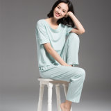 Women Slub Cotton Sleepwear Suit Summer Short Sleeves Pajamas Dress