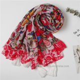 Big Square Red Polyester Voile Flourish Scarf (Hz20)