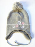 Factory OEM Produce Custom Embroidery Grey Kids Earflap Polar Fleece Knitted Beanie Hat