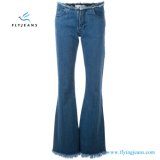 Fashion Women Stone Wash Blue Cotton Frayed Hem Flared Denim Jeans