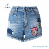 2017 Fashion Ladies/Women Blue Skinny Patched Embroidered Denim Minipants Jeans Shorts by Factory
