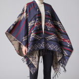 Women's Color Block Open Front Blanket Poncho Bohemian Cashmere Like Cape Thick Warm Stole Throw Poncho Wrap Shawl (SP224)