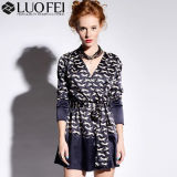 High Quality Print Long Sleeves Vintage Satin Dress with Belt