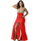 Hot Sale Plus Size Amazing Gold Lace Red Slit Evening Gown
