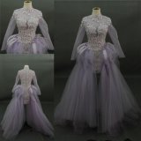 Hand Sewn Flowers Long Sleeve Light Purple Gown Prom Dress