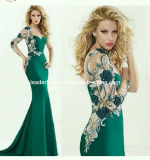 Green Embroidery Evening Dresses One Shoulder Long Sleeves Sheer Back Pageant Prom Dresses E14732