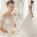 Luxury off Shoulder Sequin Appliqued Pleated Floor Length Wedding Dress with Detachable Sleeves