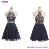 Newest Design Black Backless Sleeveless Evening Dress Retail up Beading Short Party Dress