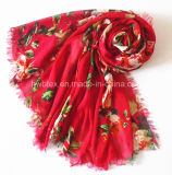 Fashion Red Flourish Printing Lady Scarf in 100% Viscose (HWBVS053)
