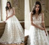 Organza Flower Bridal Wedding Gown Sheer V-Neckline Wedding Dresses Ld15255