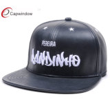3D Embroidery Logo PU Leather Flat Brim 6 Panel Snapback Cap for Wholesale
