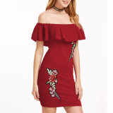 Fashion Women Sexy Slim Rose Embroidery Ruffle Tub Dress