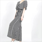 Half Sleeve Black&White Stripe Backless High-Waist Women Jumpsuits