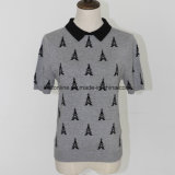OEM Ladies' Jacquard Sweater with Short Sleeves and Peter Pan Collar