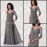 Gray Evening Dress V-Neck Half Sleeves Lace Chiffon Mother Dress Yao10317
