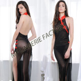Wholesale Sexy Long Backless Dress with Black Transparent Mesh for Lady