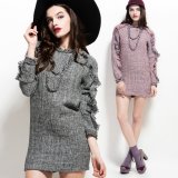 Fashion Women Ruffled Wool Blend Tweed Winter Dress
