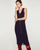 Ladies Deep V Neck Long Sweater Dress with Metal Buttons
