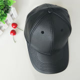 Custom Fashion Black Plain PU Baseball Cap with Metal Badge Logo