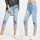 Fashion Women Leisure Casual Rose Flower Embroidery Jeans Pant
