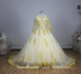 Gold Lace Bridal Ball Gown Tulle Muslim Long Sleeves Wedding Dress A185