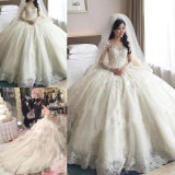 Scoop-Neck Long-Sleeves Appliques Ball Gown Cathedral Train Wedding Dress (Dream-100014)