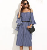 Women's Western Style Fashion Linen Strapless Stripe Split Dress