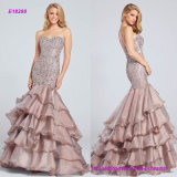Dropped Waist Bodice Encrusted Eveing Dress with Multi-Tiered Skirt with Slight Train