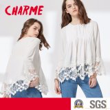 Ladies Fashion Chiffon Lace and Pleated Preppy Blouse