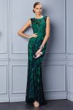 Hollowed Back Round Neck Green Lace Prom Gown Evening Dress