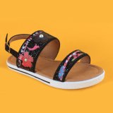 Black Ankel Strape Flats Little Girl Sandals with Beads