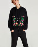 Ladies Fashion Black Hooded Pullover Sweater with embroidery 