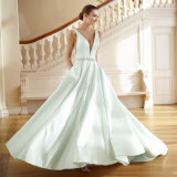 Deep V-Neck Bridal Prom Dress Blue Satin Wedding Dress Lb181210