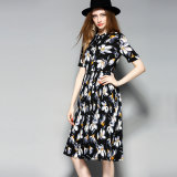 Floral Print Pleated Lace-up Collar Women Party Dress with Button-Down