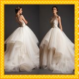 Champagne Bridal Ball Gown Gold Lace Appliqued Wedding Dress Rr3009