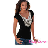 Crochet Lace Applique Black T-Shirt