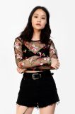 2017 Sexy Black Women Floral Mesh Cropped Embroideried Blouses