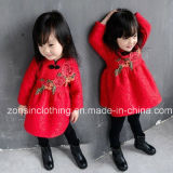 Chinese Costume Velvet Dress Children Clothes with Embroidery Flowers