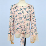 Fashion V-Neck Long Sleeve Floral Printing Cutting Women Lady Blouse & Top