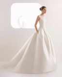 Elegant Boat Neck with Pocket Lace and Satin Bridal Dress Wedding Gown