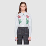 Fresh Flowers Embroidered with Ruffled Cotton Shirt Blouse of Two Colors