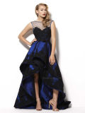 Blace Lace Appliqued Hi-Low Royal Blue Cocktail Prom Gown