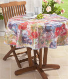 Round Shape Plastic Printed PVC Tablecloth with Flannel Nonwoven Backing