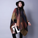 Women's Color Block Open Front Blanket Poncho Geometric Cashmere Cape Thick Warm Stole Throw Poncho Wrap Shawl (SP207)