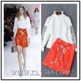 2016 Spring Summer New Style Office Ladies Embroider Skirt and Lace Blouse Set