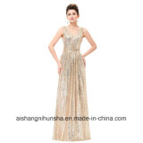 Long Sequin Evening Dress Double V Neck Sleeveless Prom Dress
