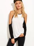 Customized White Contrast Raglan Sleeve Cold Shoulder T-Shirt