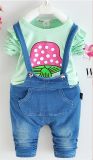 Ks1912 Summer Fashion Denim Kids Little Girl Clothing Set Cartoon T Shirt +Pockets Girl Denim Overalls Suspender Trouser Sets